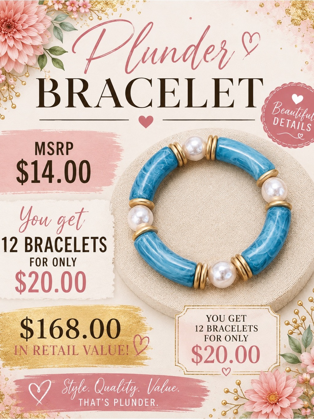 Plunder Turquoise Marble Beaded Bracelet with Gold and Pearl Accents
